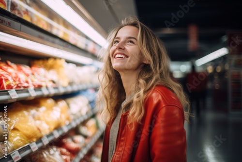 Smiling young Caucasian woman browsing in supermarket