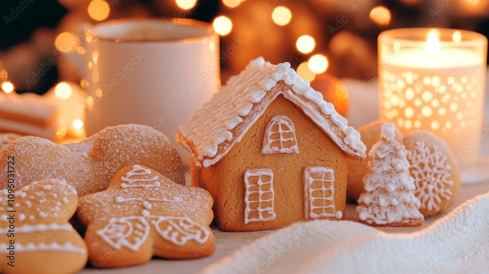 Cozy Christmas scene with a gingerbread house and assorted cookies, surrounded by warm candlelight and a mug of hot beverage. Festive and delicious! Cozy Christmas scene with a gingerbread house and assorted cookies, surrounded by warm candlelight and a mug of hot beverage. Festive and delicious!