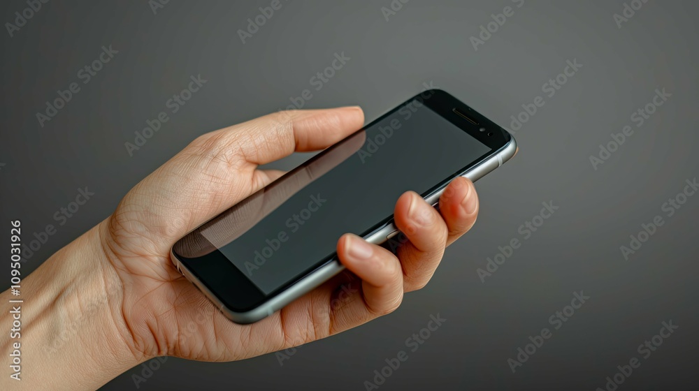 A hand holding a sleek, black smartphone against a muted gray background. A hand holding a sleek, black smartphone against a muted gray background.