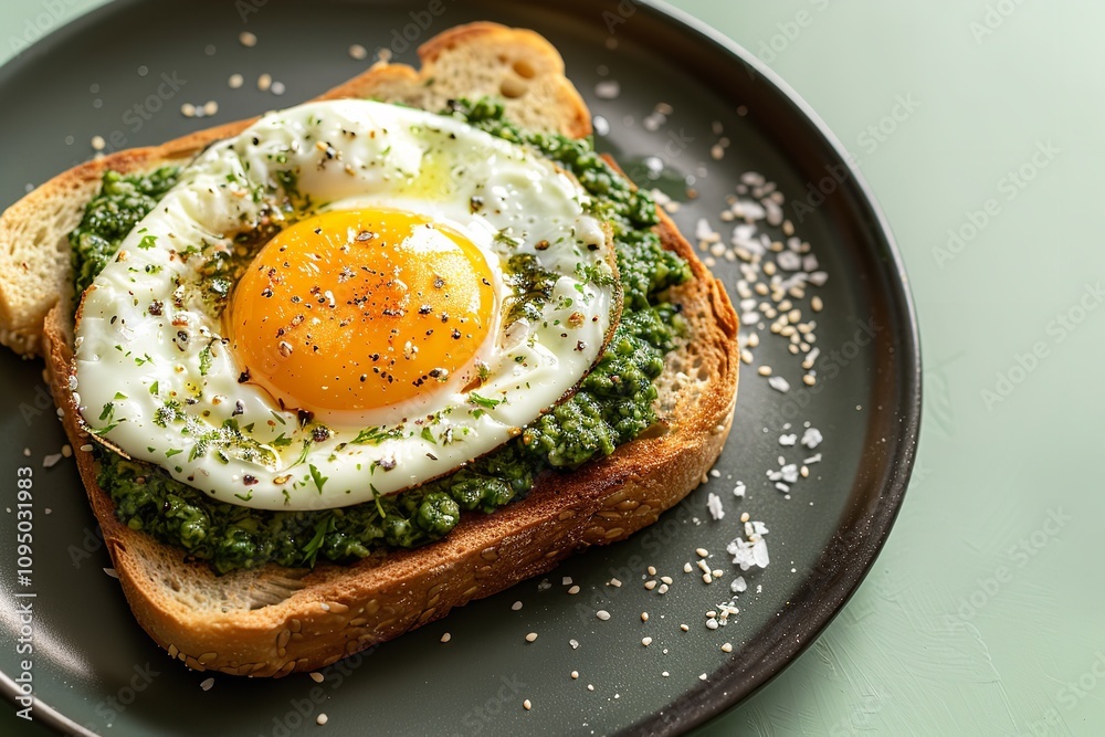 Atop a black dish a homemade pesto egg toast is seen with textural space and a studio clean light green background, Generative AI. Atop a black dish a homemade pesto egg toast is seen with textural space and a studio clean light green background, Generative AI.