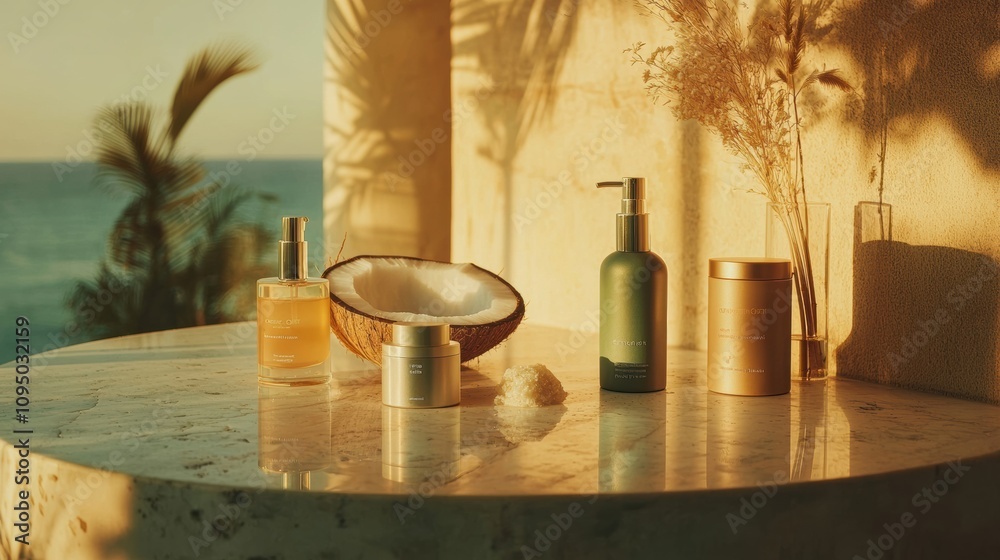 Relaxing morning routine with natural skincare products coastal setting still life sunny environment aesthetic viewpoint Relaxing morning routine with natural skincare products coastal setting still life sunny environment aesthetic viewpoint