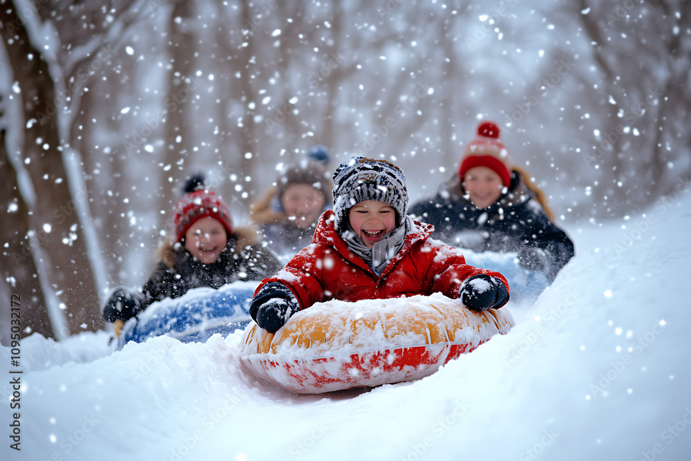A joyful winter scene featuring children and adults riding down a snowy hill on colorful tubing sleds, capturing the excitement and fun of outdoor activities during the holiday season. A joyful winter scene featuring children and adults riding down a snowy hill on colorful tubing sleds, capturing the excitement and fun of outdoor activities during the holiday season.