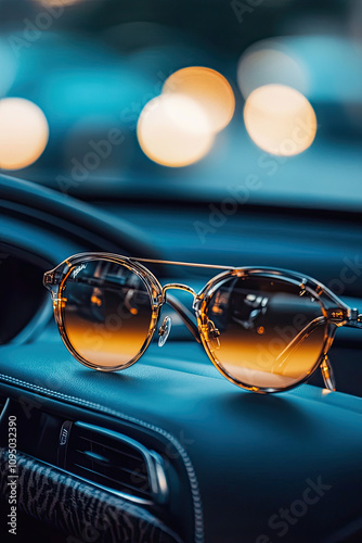 Designer sunglasses resting on a luxury car dashboard photo