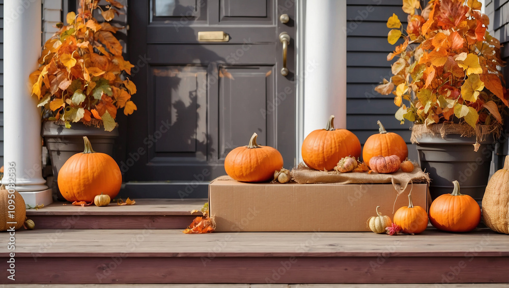 Fototapeta premium Cardboard Boxes and Pumpkins on a Porch