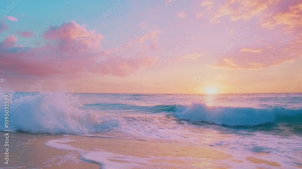 Coastal beach backdrop with soft, pastel-colored sky visuals, gentle waves crashing along the shore, setting a peaceful and calming mood for a beach-themed performance Coastal beach backdrop with soft, pastel-colored sky visuals, gentle waves crashing along the shore, setting a peaceful and calming mood for a beach-themed performance
