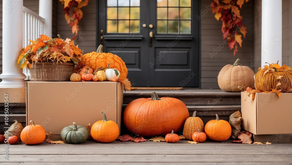 Fototapeta premium Cardboard Boxes and Pumpkins on a Porch