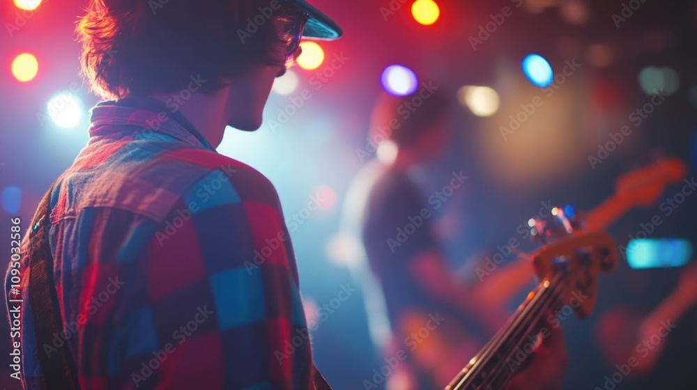A musician plays a bass guitar outdoors, wearing a hat A musician plays a bass guitar outdoors, wearing a hat