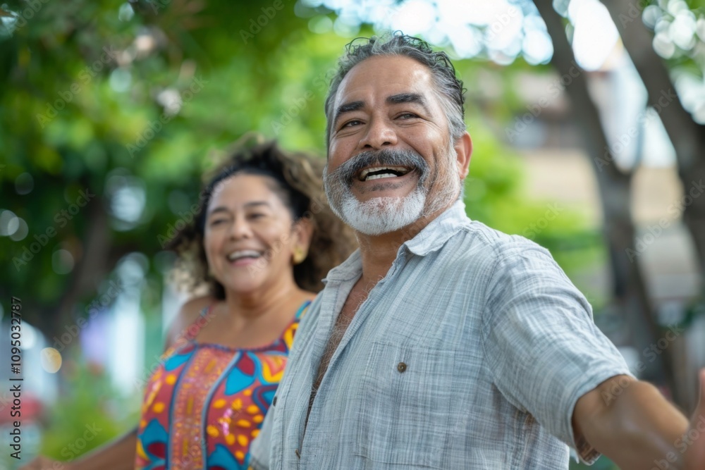 Joyful older Hispanic man and woman engage in exercise outdoors Joyful older Hispanic man and woman engage in exercise outdoors