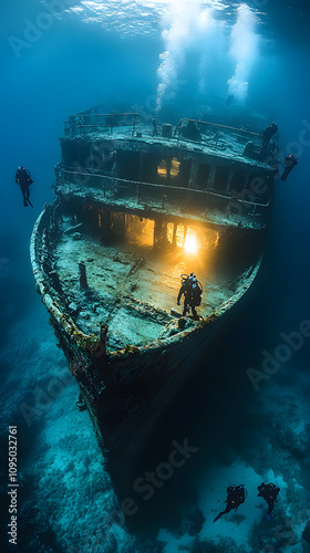 A stunning image of the Dolorian’s shipwreck illuminated by the light of scuba divers, submerged deep in the ocean. The eerie, haunting glow of their lights reveals the rusted remnants of the sunken v photo