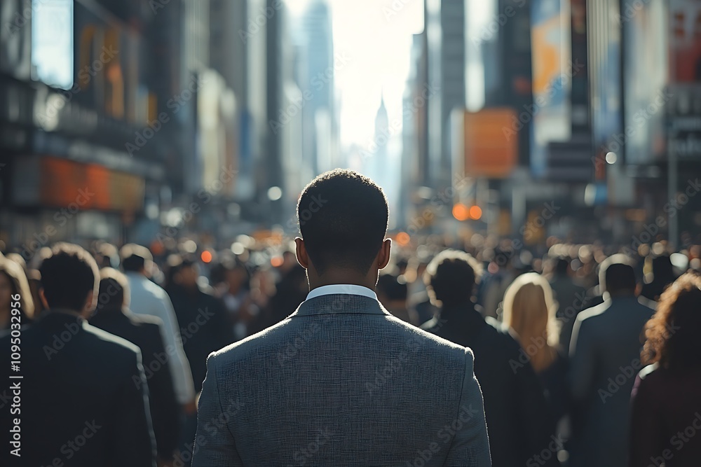 Backlit Businessman Gray Suit, Rush Hour Shadow, Urban Perspective Backlit Businessman Gray Suit, Rush Hour Shadow, Urban Perspective