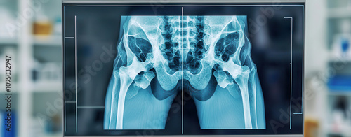 Artificial intelligence in medical detection. Advanced diagnostics lab using AI to analyze hip X ray images, showcasing detailed skeletal structure and medical technology