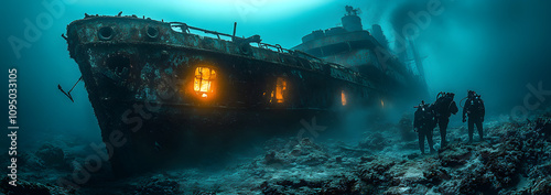 A stunning image of the Dolorian’s shipwreck illuminated by the light of scuba divers, submerged deep in the ocean. The eerie, haunting glow of their lights reveals the rusted remnants of the sunken v