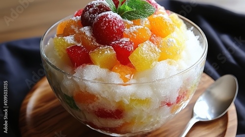 Refreshing fruit salad dessert home kitchen food photography bright environment close-up view healthy snack concept