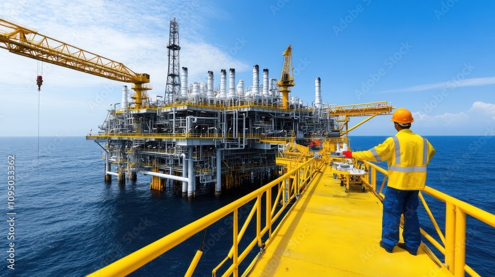 Engineer Supervising Offshore Oil Platform Operations with Safety Gear and Ocean Background