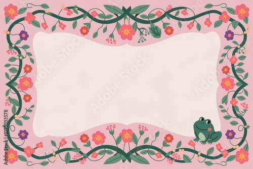 Wallpaper Mural Floral frame with frog. Charming pink floral border design; perfect for invitations, cards, or announcements.  A playful frog adds a whimsical touch. Torontodigital.ca
