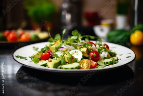 Vegan salad on plate in kitchen at morning