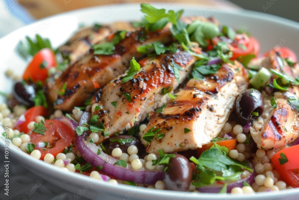 Mediterranean chicken salad with pearl couscous