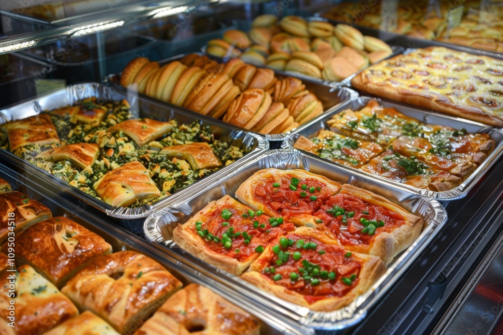 Freshly baked savory pastries displayed in store Freshly baked savory pastries displayed in store