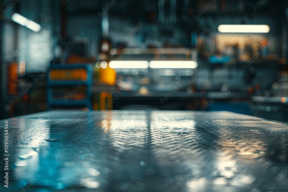 Metal blank tabletop with blurred automotive tools
