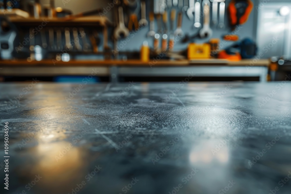 Metal blank tabletop with blurred automotive tools Metal blank tabletop with blurred automotive tools