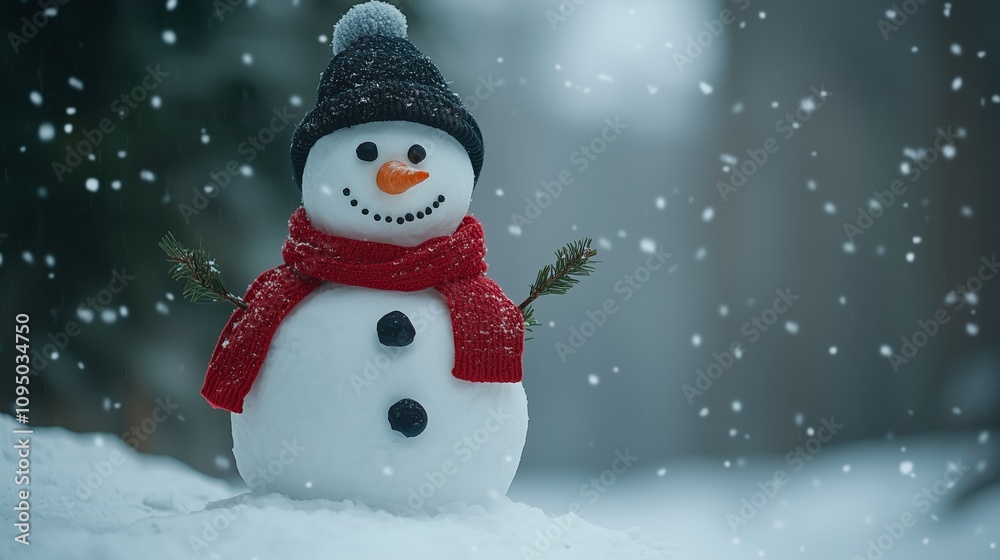 Fototapeta premium Meticulously Crafted Snowman Surrounded by Gentle Snowfall, Showcasing Amazing Detail and Holiday Spirit in a Winter Wonderland Scene