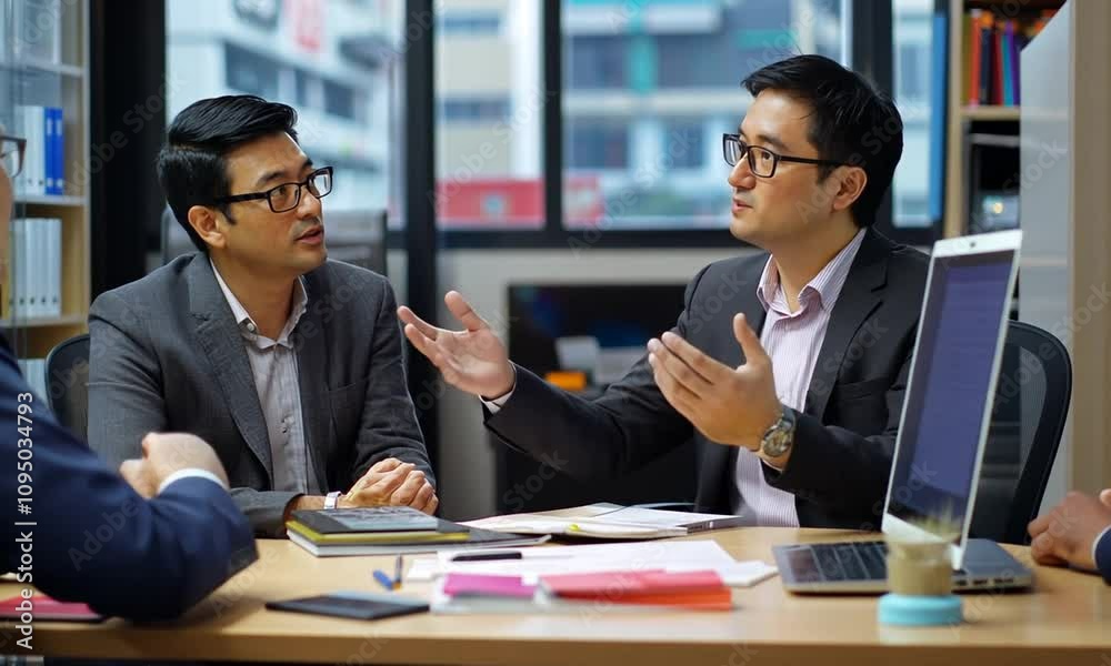 Three Asian businessmen in a meeting, discussing business matters. Three Asian businessmen in a meeting, discussing business matters.