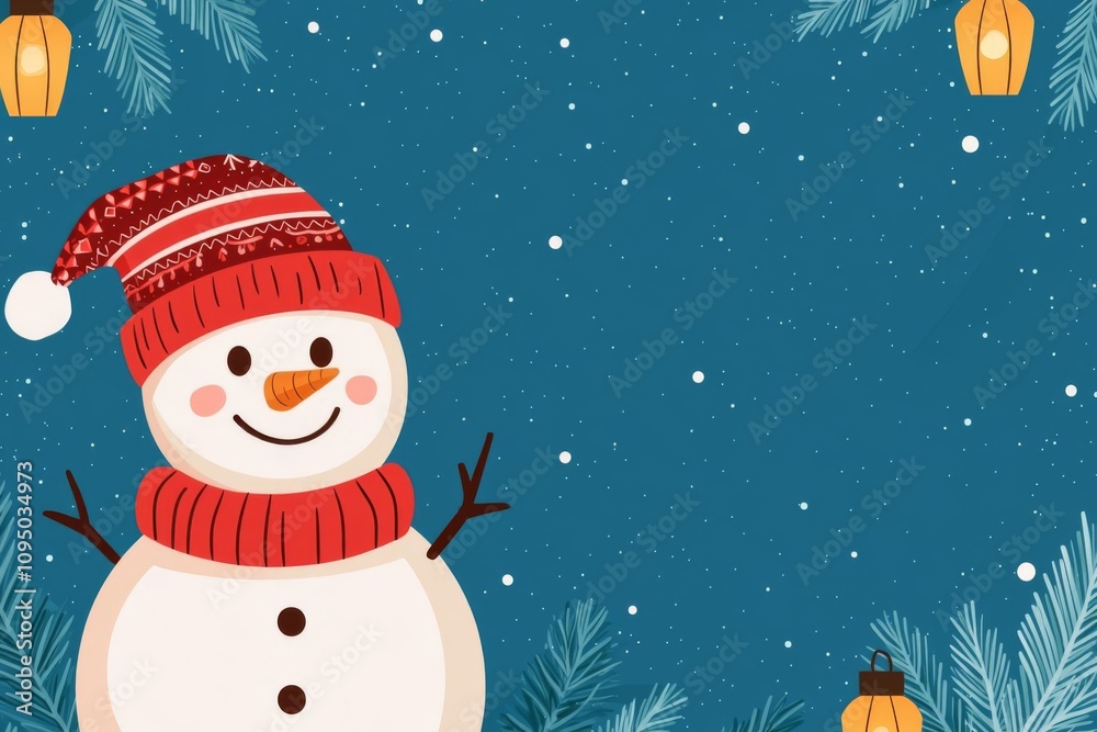 Fototapeta premium Cheerful snowman in a winter scene with festive decorations and snowfall.