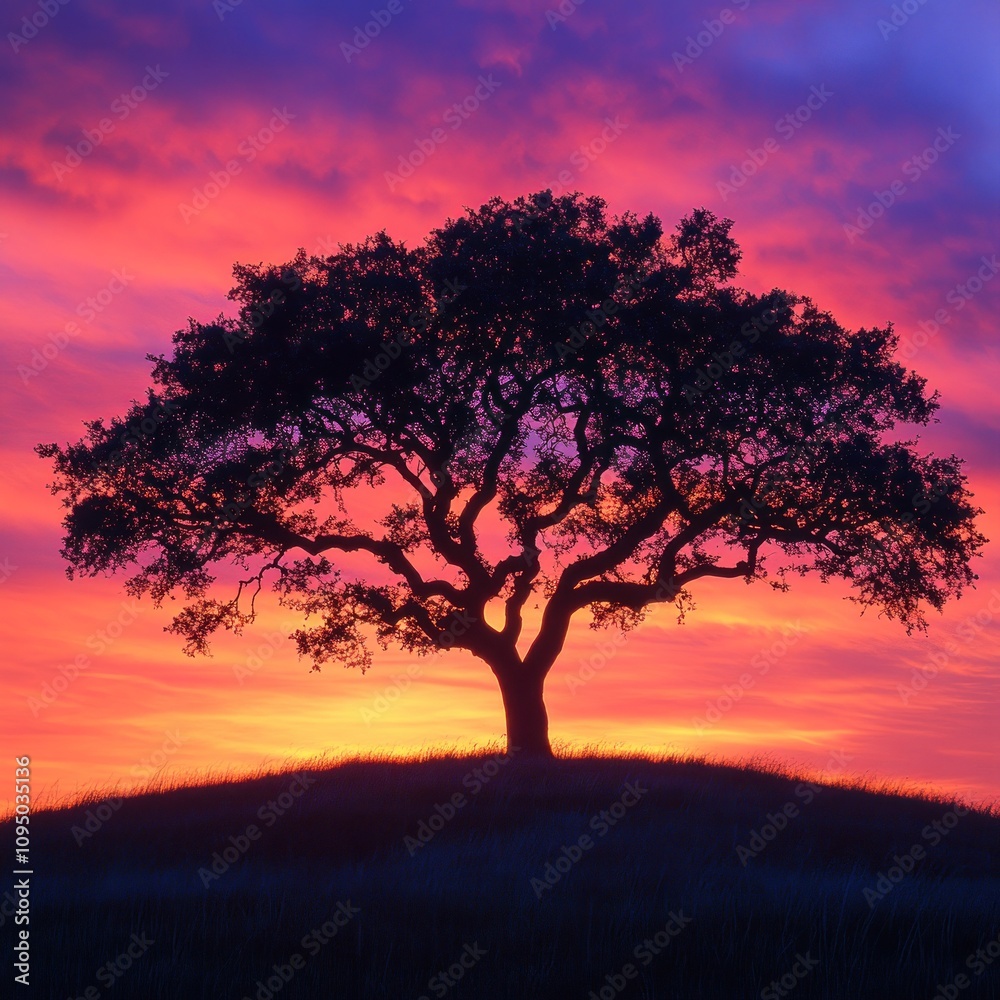 Silhouetted Oak Tree Against Vibrant Sunset Sky Silhouetted Oak Tree Against Vibrant Sunset Sky