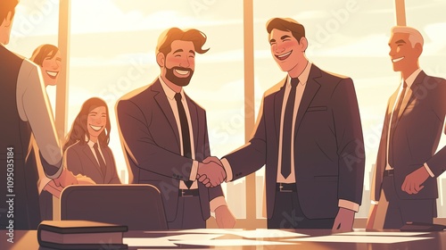 usiness Deal Sealed: Cartoon-Style Illustration of Young Businessman Shaking Hands with Team, Celebrating Success and Collaboration in an Office Meeting