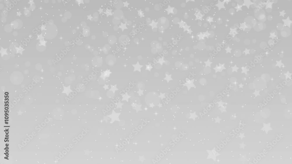 Silver Christmas background with stars and glittering white particles.