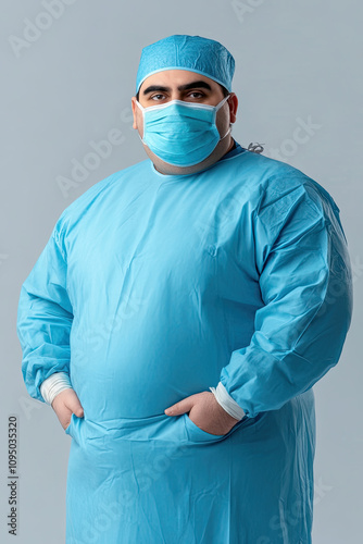 Plus-size doctor in a mask, focused on a medical procedure photo