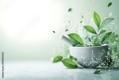 An abstract representation of the concept of natural medicine, featuring green leaves, a mortar and pestle, and molecular structures, blending nature and science to symbolize holistic health and heali