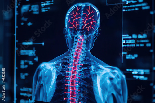 Artificial intelligence in medical detection. Anatomical illustration of human spine and brain with highlighted blood vessels, showcasing intricate details of nervous system and circulatory pathways