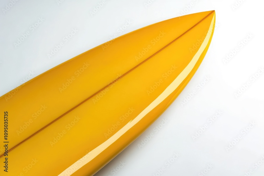 A bright yellow surfboard leans against a white wall, ready for its next adventure A bright yellow surfboard leans against a white wall, ready for its next adventure