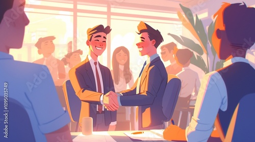 usiness Deal Sealed: Cartoon-Style Illustration of Young Businessman Shaking Hands with Team, Celebrating Success and Collaboration in an Office Meeting