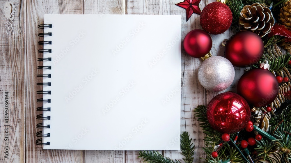 Obraz premium A festive notebook with holiday decorations on a wooden table, great for Christmas-themed projects