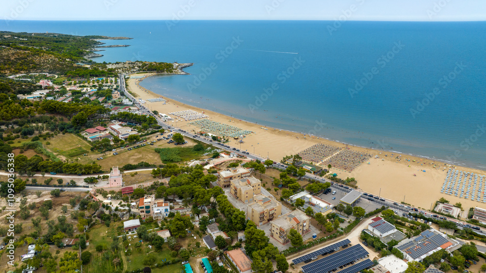 Fototapeta premium Aerial view of San Lorenzo beach in Vieste, Puglia, Italy. It is one of the most beautiful tourist coasts of Gargano.