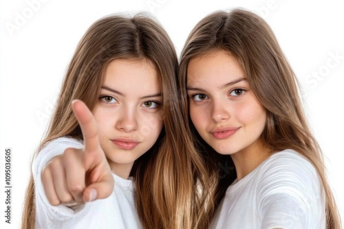 Two girls smiling and pointing at the camera