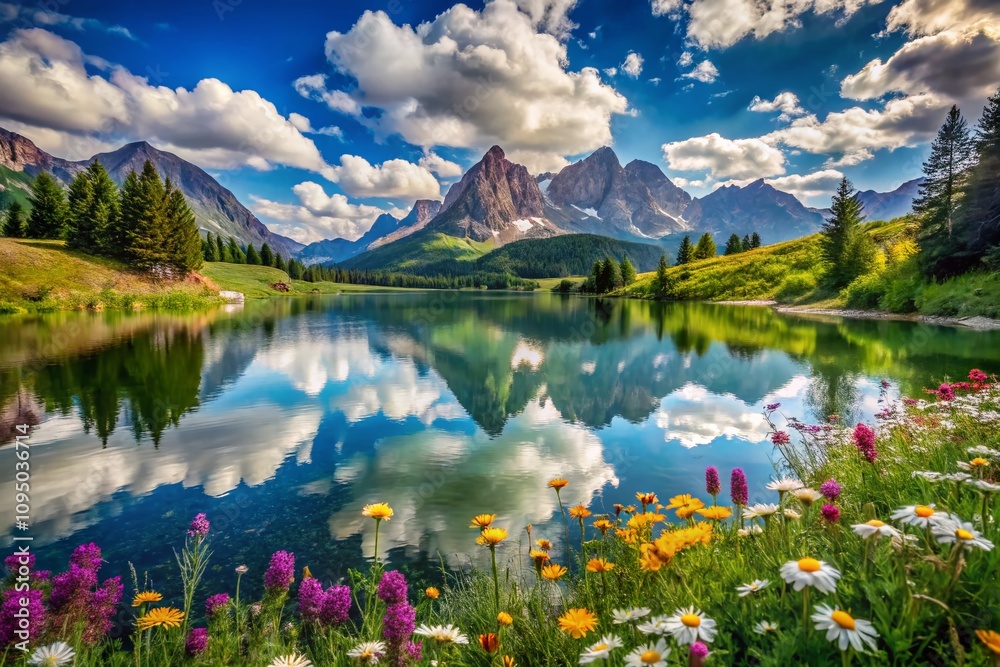 Fototapeta premium Majestic Magnium Landscape: A Serene View of Vibrant Mountains, Crystal Clear Lakes, and Lush Greenery Under a Bright Blue Sky, Perfect for Nature Lovers and Adventurers