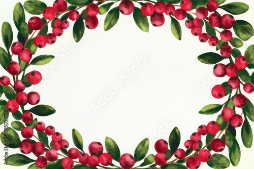 Cranberry wreath frame. Festive watercolor cranberry frame, perfect for holiday designs. Evokes feelings of warmth and celebration.