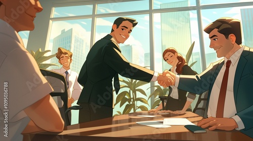usiness Deal Sealed: Cartoon-Style Illustration of Young Businessman Shaking Hands with Team, Celebrating Success and Collaboration in an Office Meeting