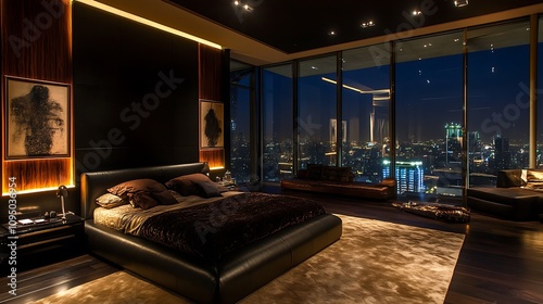 Wallpaper Mural Luxurious Bedroom with City View at Night Torontodigital.ca