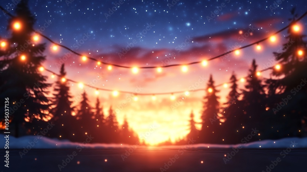 Naklejka premium Magical winter sunset with string lights illuminating a snow covered forest. The warm light against the cool tones creates a cozy and enchanting scene.