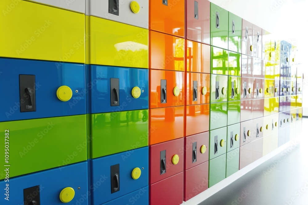 Row of colorful lockers in a building, ideal for education or corporate use Row of colorful lockers in a building, ideal for education or corporate use