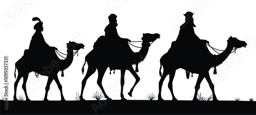 classic christmas nativity 3 wise men on riding camels silhouette side view vector illustration