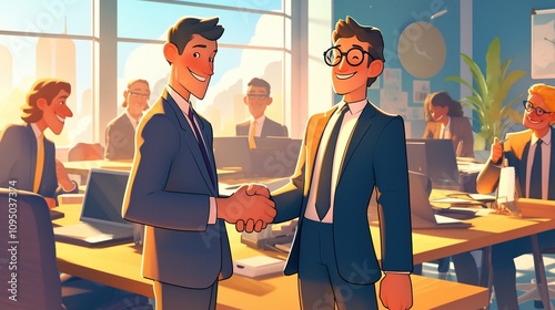 usiness Deal Sealed: Cartoon-Style Illustration of Young Businessman Shaking Hands with Team, Celebrating Success and Collaboration in an Office Meeting