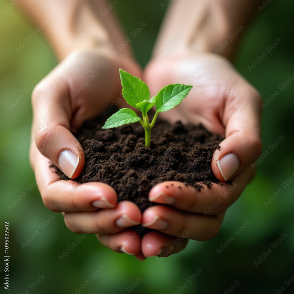 Hands Gently Holding a Small Sprout Against a Blurred Natural Background Hands Gently Holding a Small Sprout Against a Blurred Natural Background