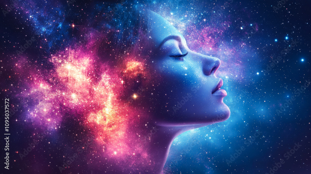 Cosmic reflection of a serene figure showcasing the beauty of the universe at night Cosmic reflection of a serene figure showcasing the beauty of the universe at night