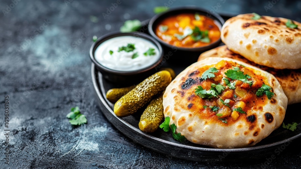 Delicious indian cuisine naan bread and curry platters home kitchen food photography rustic setting culinary experience