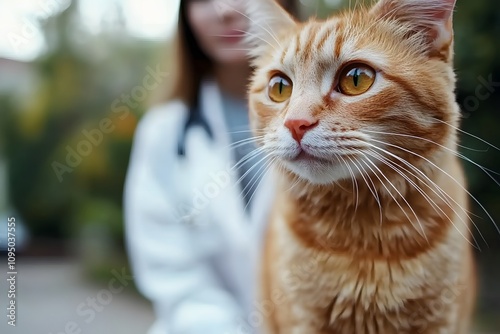 Realistic photograph of an orange cat being complementary to the viewer, with a female doctor in a white coat behind it. photo